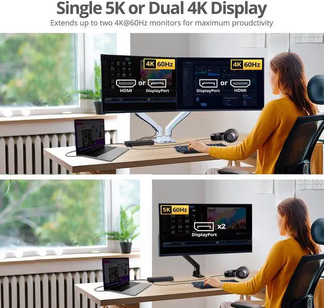 Alt view image 3 of 5 - SIIG USB Type C Dual 4K Docking Station with 60W PD - Dual 4K@60Hz or Single 5K@60Hz Monitor Laptop Dock - DisplayLink - 2 HDMI 2 DisplayPort, 4 USB 3.0 Ports, 2 Type C Ports, Gigabit Ethernet Port