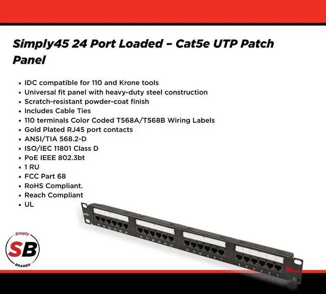 Alt view image 2 of 5 - Simply45 24-Port Loaded UTP Cat5e Patch Panel - 1RU, 110 Style, Includes Cable Management Bracket, Cable Ties and Rack Screws - S45-2524