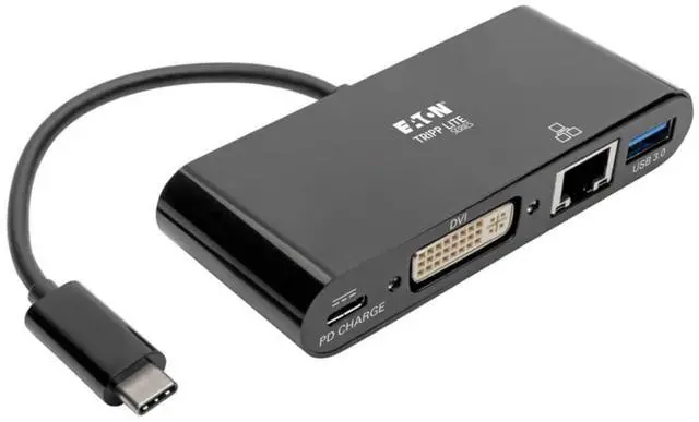 Main image of Tripp Lite USB C to DVI Multiport Adapter Converter Docking Station w/ USB-A Hub, Gigabit Ethernet Thunderbolt 3 USB Type C 1080p (U444-06N-DGUB-C),Black