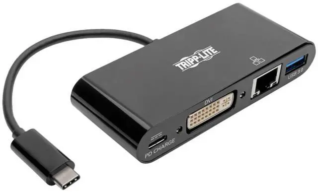 Alt view image 2 of 4 - Tripp Lite USB C to DVI Multiport Adapter Converter Docking Station w/ USB-A Hub, Gigabit Ethernet Thunderbolt 3 USB Type C 1080p (U444-06N-DGUB-C),Black