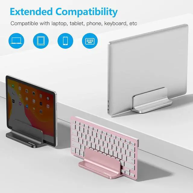 Alt view image 4 of 5 - OMOTON Vertical Laptop Stand Holder, Desktop Aluminum Stand for MacBook with Adjustable Dock Size, Fits All MacBook, Surface, Chromebook and Gaming Laptops (Up to 17.3 inches), Rose Gold