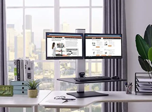 Alt view image 2 of 5 - Victor DC450 Dual Monitor Electric Standing Desk, Black, 28 inch Wide Work Surface, Compatible with Any Standard Desk, Monitor Mount Included