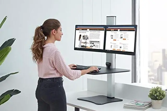 Alt view image 4 of 5 - Victor DC450 Dual Monitor Electric Standing Desk, Black, 28 inch Wide Work Surface, Compatible with Any Standard Desk, Monitor Mount Included