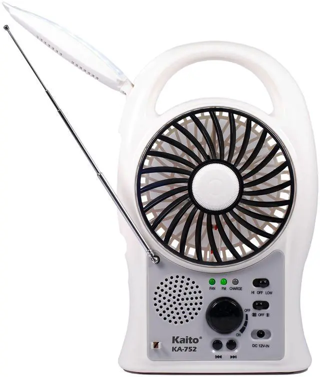 Main image of Kaito Portable Electric Fan 3-in-1 KA752 Rechargeable 5" 2-Speed Battery-Powered Personal Fan with Scan FM Radio & 24-LED Camping Lantern