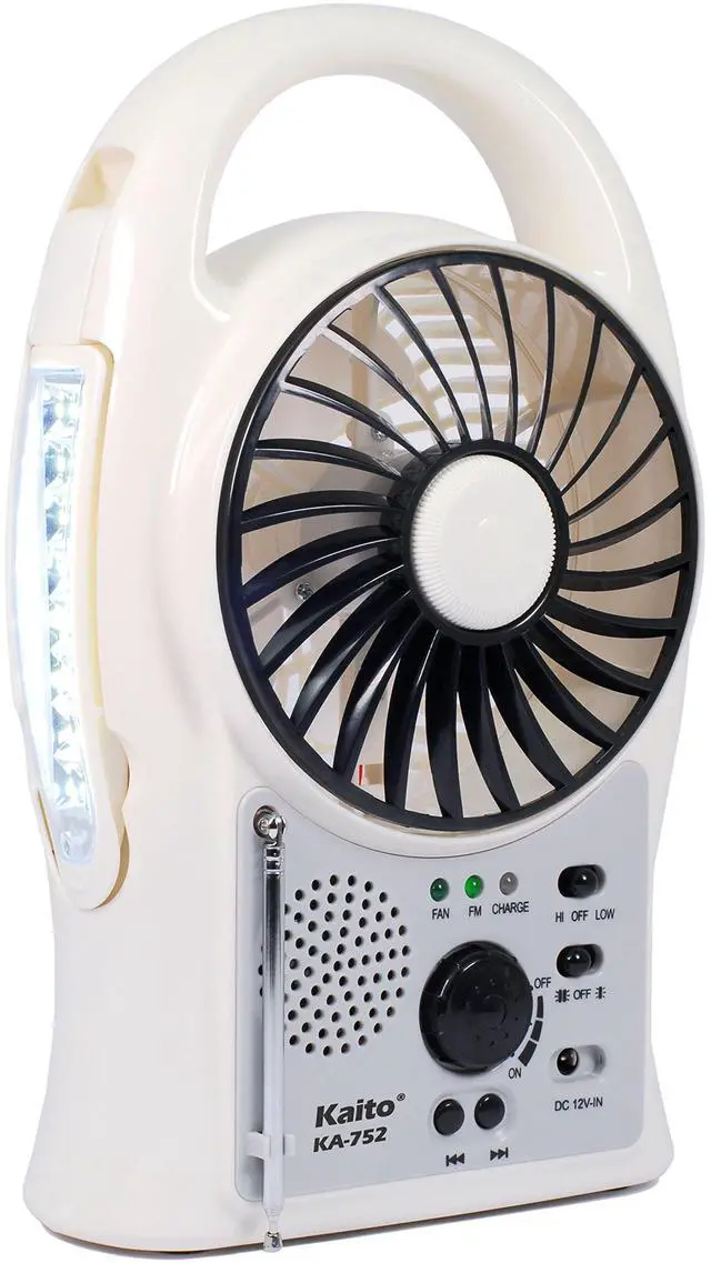 Alt view image 3 of 5 - Kaito Portable Electric Fan 3-in-1 KA752 Rechargeable 5" 2-Speed Battery-Powered Personal Fan with Scan FM Radio & 24-LED Camping Lantern