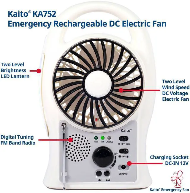 Alt view image 4 of 5 - Kaito Portable Electric Fan 3-in-1 KA752 Rechargeable 5" 2-Speed Battery-Powered Personal Fan with Scan FM Radio & 24-LED Camping Lantern