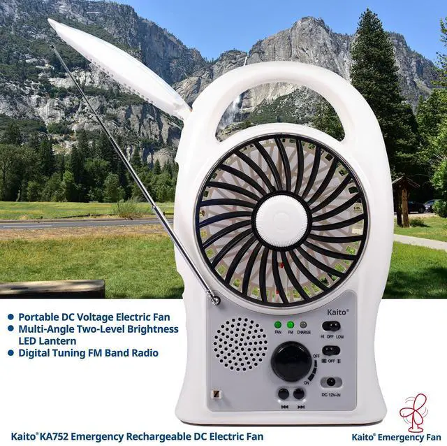Alt view image 5 of 5 - Kaito Portable Electric Fan 3-in-1 KA752 Rechargeable 5" 2-Speed Battery-Powered Personal Fan with Scan FM Radio & 24-LED Camping Lantern