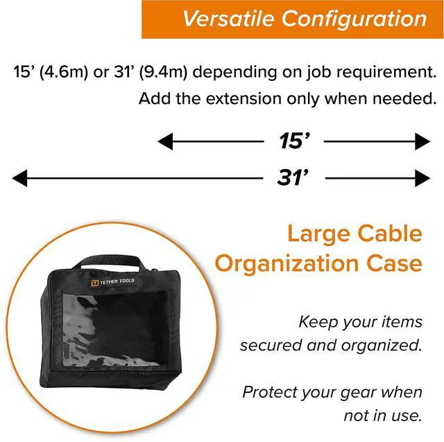 Alt view image 4 of 5 - Tether Tools TetherBoost Pro USB-C Cable System 31 ft. (9.4m) with Core Controller, TetherGuard Extension Lock (USB-C to C) and Cable Organization Case Large - Orange