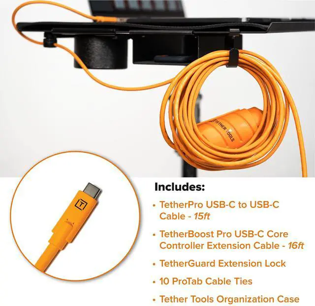 Alt view image 2 of 5 - Tether Tools TetherBoost Pro USB-C Cable System 31 ft. (9.4m) with Core Controller, TetherGuard Extension Lock (USB-C to C) and Cable Organization Case Large - Orange