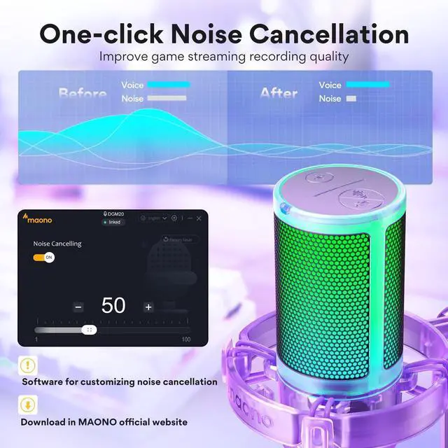 Alt view image 2 of 5 - MAONO Gaming Microphone with Noise Cancellation, PC USB Condenser Mic for Computer, Mac, Laptop, PS5, Streaming, Podcast, Twitch, YouTube, Discord, GamerWave DGM20 Purple