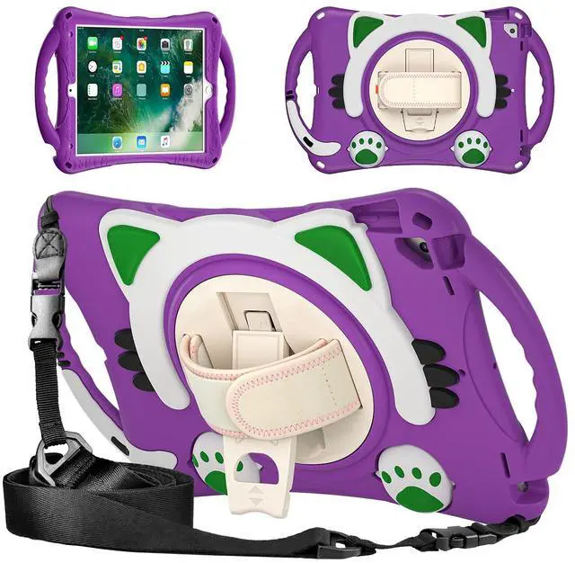 Main image of KIQ Cat Shield Case for iPad 10.2 9th 8th 7th Gen Heavy Duty Rugged Protection Cute Kid Friendly Kick Stand Shoulder Strap for Apple iPad 10.2 inch Model/Pro 10.5/Air 10.5 [ Cat Shield-Purple]