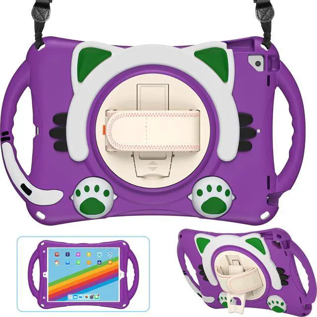 Alt view image 3 of 5 - KIQ Cat Shield Case for iPad 10.2 9th 8th 7th Gen Heavy Duty Rugged Protection Cute Kid Friendly Kick Stand Shoulder Strap for Apple iPad 10.2 inch Model/Pro 10.5/Air 10.5 [ Cat Shield-Purple]