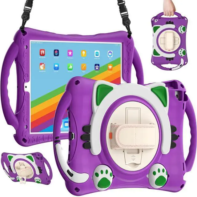 Alt view image 4 of 5 - KIQ Cat Shield Case for iPad 10.2 9th 8th 7th Gen Heavy Duty Rugged Protection Cute Kid Friendly Kick Stand Shoulder Strap for Apple iPad 10.2 inch Model/Pro 10.5/Air 10.5 [ Cat Shield-Purple]