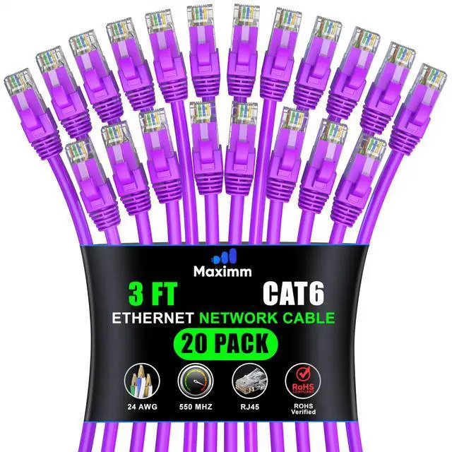 Main image of Maximm Cat 6 Ethernet Cable 3 ft (20-Pack) - High-Speed LAN Cable, Internet Cable, Patch Cable, and Network Cable - UTP, 10Gbps, 550MHz Ethernet Cord - Purple