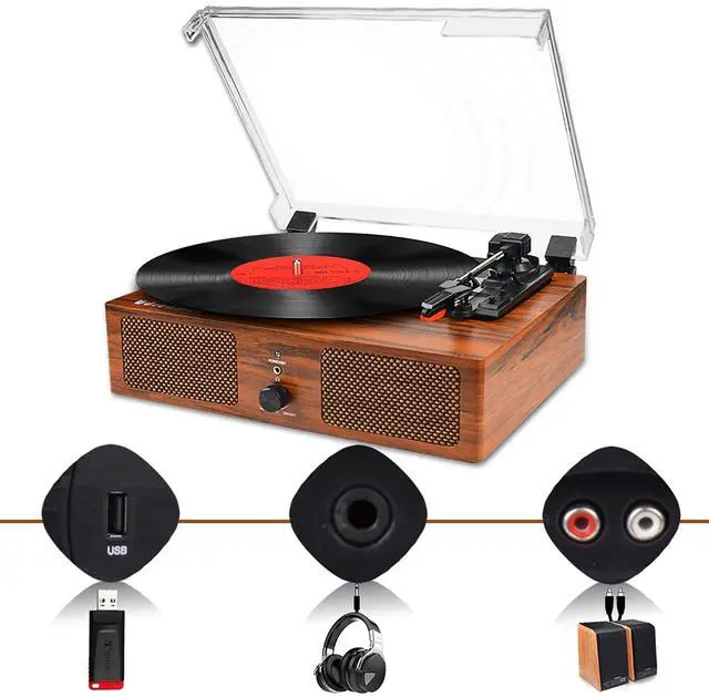 Alt view image 4 of 5 - Vinyl Record Player Wireless Turntable with Built-in Speakers and USB Belt-Driven Vintage Phonograph Record Player 3 Speed for Entertainment and Home Decoration