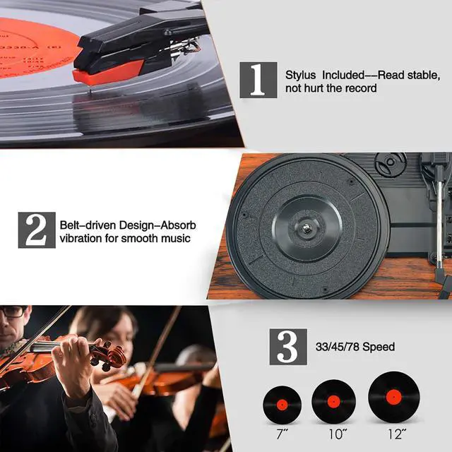 Alt view image 3 of 5 - Vinyl Record Player Wireless Turntable with Built-in Speakers and USB Belt-Driven Vintage Phonograph Record Player 3 Speed for Entertainment and Home Decoration