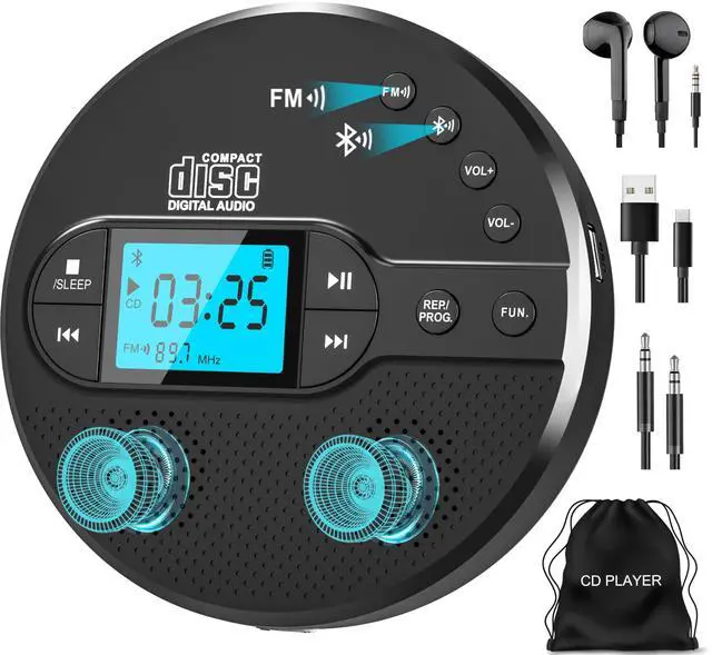 Main image of Sunoony Portable CD Player with Bluetooth, Disman CD Player for Car with FM Transmitter, Rechargeable CD Player Portable with Anti-Skip Protection, Headphones, AUX/USB Supported, LCD Display(Black)