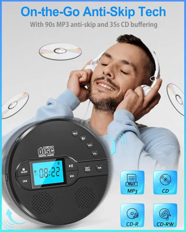 Alt view image 2 of 5 - Sunoony Portable CD Player with Bluetooth, Disman CD Player for Car with FM Transmitter, Rechargeable CD Player Portable with Anti-Skip Protection, Headphones, AUX/USB Supported, LCD Display(Black)