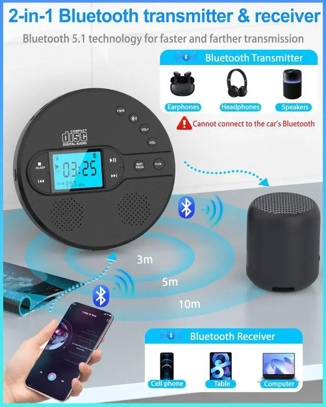 Alt view image 4 of 5 - Sunoony Portable CD Player with Bluetooth, Disman CD Player for Car with FM Transmitter, Rechargeable CD Player Portable with Anti-Skip Protection, Headphones, AUX/USB Supported, LCD Display(Black)