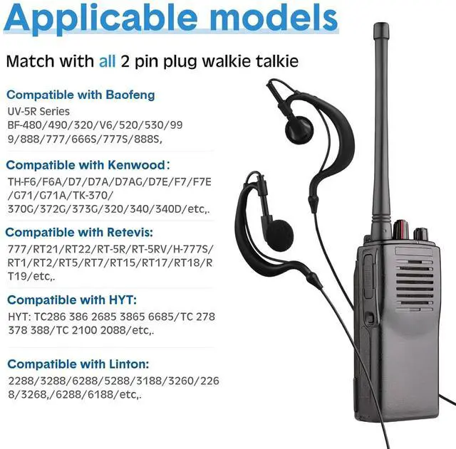 Alt view image 4 of 5 - 30 Pcs Walkie Talkie Earpiece with Mic 2 Pin Two Way Radio Ear Piece Microphone Earbud Bulk Single Wire Earhook Headset Compatible with Baofeng UV-5R BF-888S Arcshell Retevis H-777 RT21 RT22