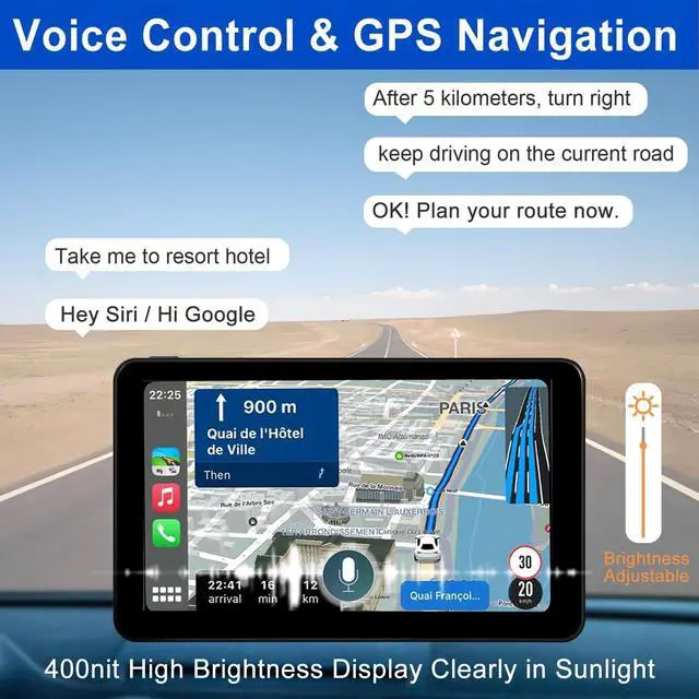 Alt view image 2 of 5 - 7" HD Wireless Apple CarPlay Android Auto Automatic Touch Screen Bluetooth Adapter Portable GPS Navigation Multimedia Player,Car Stereo with Mirror Link,USB/AUX,Siri,Hand-Free Call,AirPlay,FM