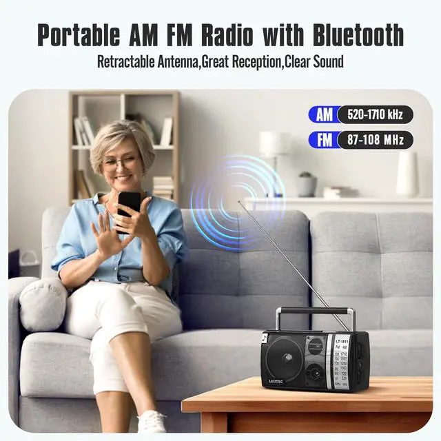 Alt view image 2 of 5 - LEOTEC AM FM Radio, Portable Bluetooth Radio, Plug in Wall or Battery Operated Best Reception with Headphone Jack, Handheld Great for Home, Outdoor