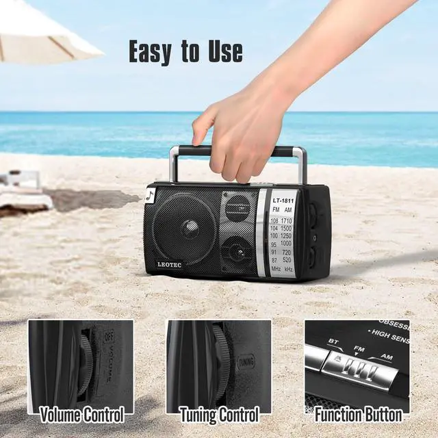 Alt view image 4 of 5 - LEOTEC AM FM Radio, Portable Bluetooth Radio, Plug in Wall or Battery Operated Best Reception with Headphone Jack, Handheld Great for Home, Outdoor