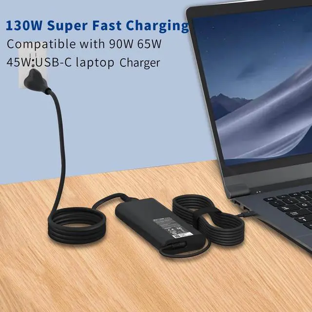 Alt view image 5 of 5 - 130W USB C Laptop Charger for Dell Laptop Charger Type C Slim AC Power Cord for Dell Precision 5550 5560 5570 5750 3560 XPS 15 9500 9575, XPS 17, Latitude 7410 7310 Dell USB C