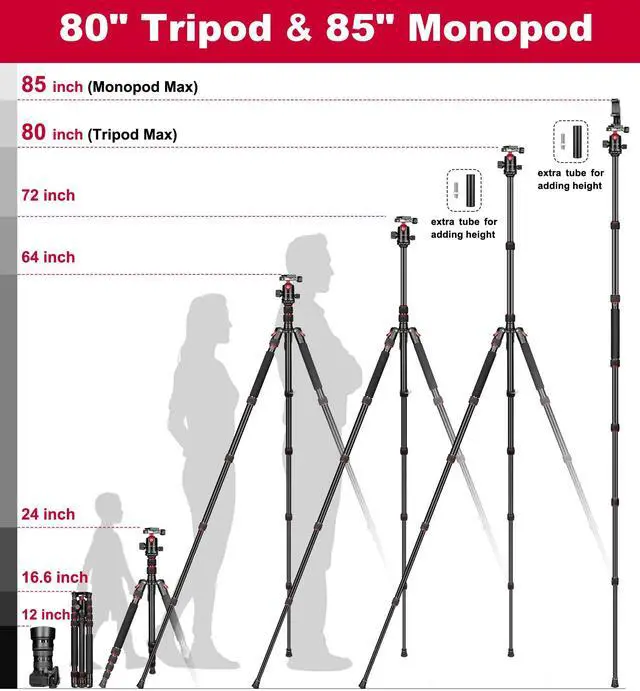 Alt view image 2 of 5 - Victiv 80/85 inches Heavy Duty Tripod for Camera and Phone, 85" Camera Monopod Tripod, DSLR Binoculars Spotting Scope Camcorders Video Tripod Stand, 360 Degree Ball Head, 35 lbs Loads