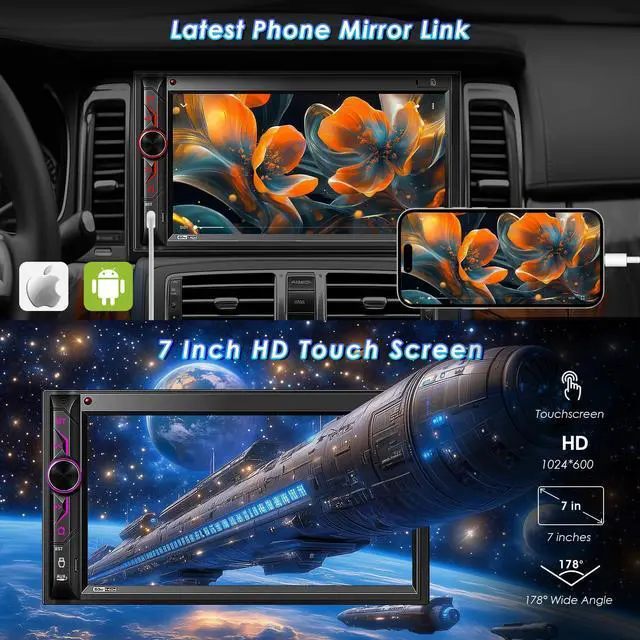 Alt view image 4 of 5 - Double Din CarPlay Multimedia System: 7 Inch Touchscreen Car Stereo Receiver  Bluetooth Android Auto Car Radio with Backup Camera Mirror Link AM FM USB SD AUX Subwoofer Steering Wheel Control