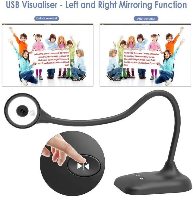 Alt view image 5 of 5 - PAKOTOO USB Document Camera for Teachers, Webcam/Doc Camera for Classroom with A3 Format, 3-Level LED Lights, Image Invert, Fold, Dual mic for Mac OS, Windows, Zoom, OBS Work with Distance Learning