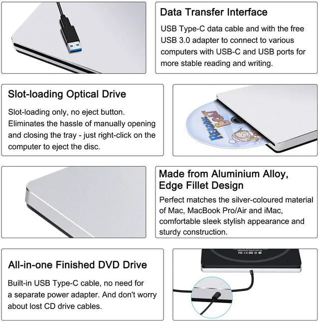 Alt view image 3 of 5 - NOLYTH External CD DVD Drive: Plug & Play for Laptop Mac MacBook PC Windows - Portable High-Transfer USB C Burner for Music/Movie/Data Backup - Slot-in Aluminum with USB 3.0 Adapter(Silver)
