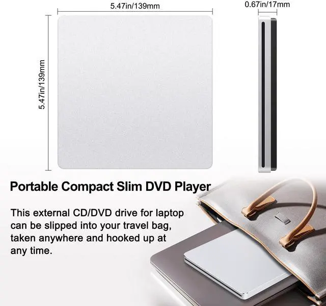 Alt view image 5 of 5 - NOLYTH External CD DVD Drive: Plug & Play for Laptop Mac MacBook PC Windows - Portable High-Transfer USB C Burner for Music/Movie/Data Backup - Slot-in Aluminum with USB 3.0 Adapter(Silver)