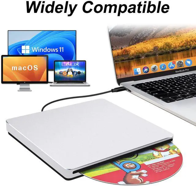 Alt view image 4 of 5 - NOLYTH External CD DVD Drive: Plug & Play for Laptop Mac MacBook PC Windows - Portable High-Transfer USB C Burner for Music/Movie/Data Backup - Slot-in Aluminum with USB 3.0 Adapter(Silver)