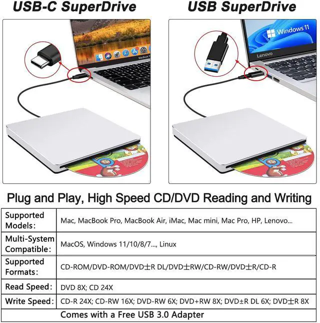 Alt view image 2 of 5 - NOLYTH External CD DVD Drive: Plug & Play for Laptop Mac MacBook PC Windows - Portable High-Transfer USB C Burner for Music/Movie/Data Backup - Slot-in Aluminum with USB 3.0 Adapter(Silver)