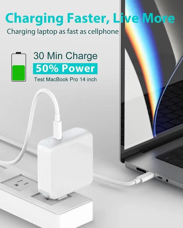 Alt view image 2 of 5 - 10ft Charger for MacBook Pro/Air 16, 15, 14, 13 inch 2025, 2024, 2023, 2022, 2021, 2020, M1 M2 M3 M4, 96W USB C Power Adapter, LED, 100W USB-C Cable Charging as Fast as Original Quality
