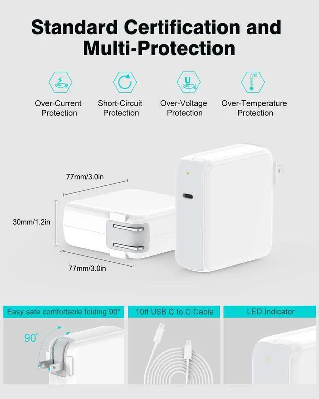 Alt view image 5 of 5 - 10ft Charger for MacBook Pro/Air 16, 15, 14, 13 inch 2025, 2024, 2023, 2022, 2021, 2020, M1 M2 M3 M4, 96W USB C Power Adapter, LED, 100W USB-C Cable Charging as Fast as Original Quality
