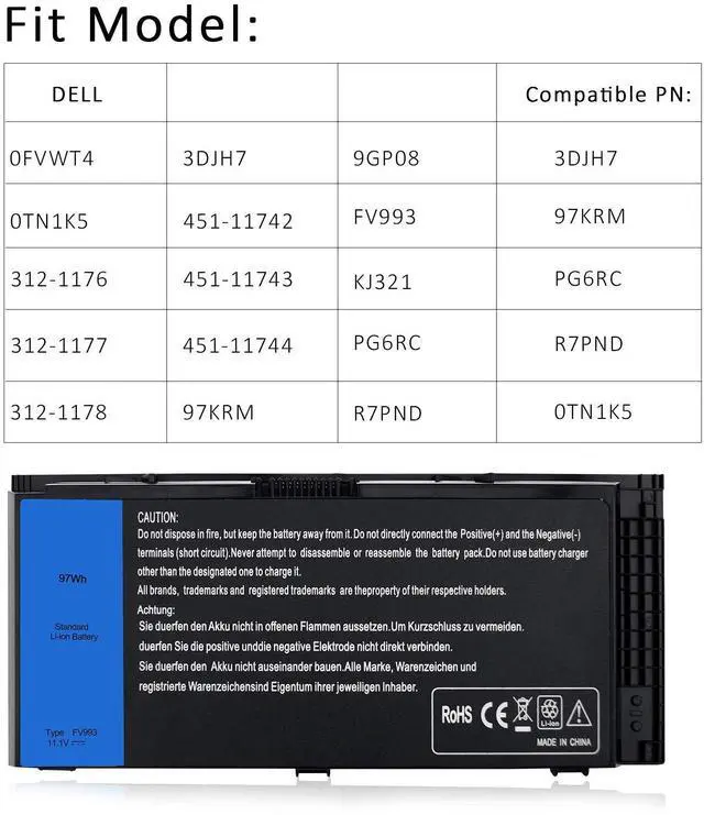 Alt view image 5 of 5 - SOLICE New M4800 M6800 FV993 Laptop Battery Compatible with Dell Precision M4600 M4700 M6700 M6600 Series,Fits FJJ4W KJ321 PG6RC V7M28 R7PND Laptop [11.1V 97Wh]-12 Months Quality Assurance (QA)