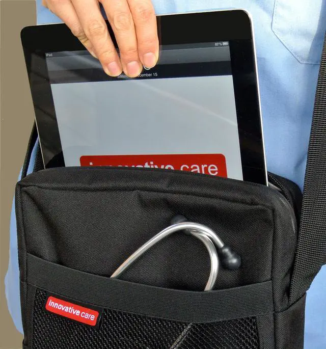 Alt view image 3 of 5 - Innovative Care  iPad, Tablet & Accessories Organizer/Carrying Case/Messenger Bag with Zipper, Padded & Mesh Pockets & Crossbody Shoulder Strap for Nurses, Doctors, Medical Students, Black