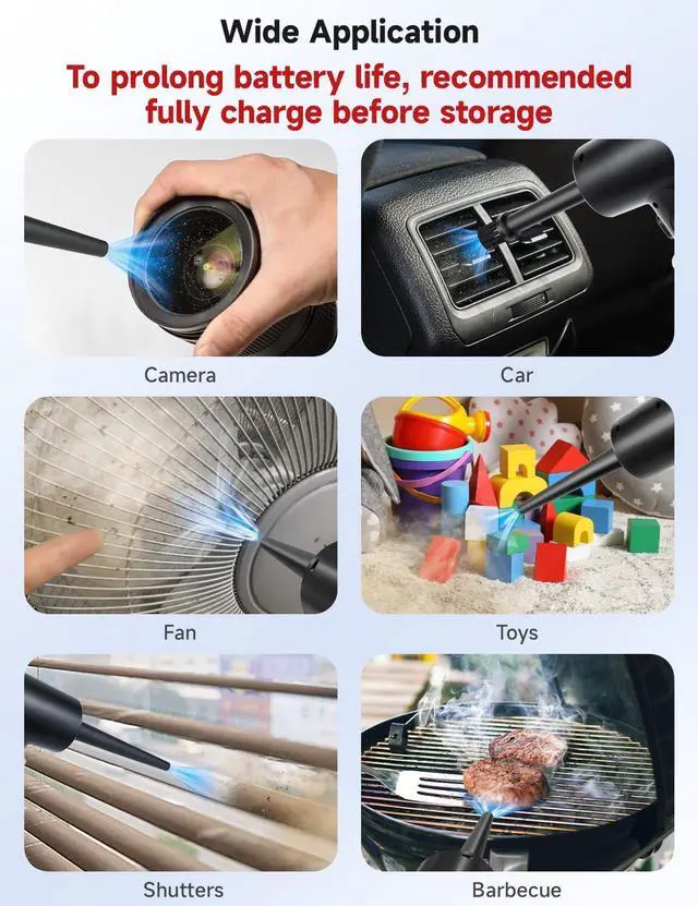 Alt view image 3 of 5 - Compressed Air Duster,Fulljion 3-Gear to 51000RPM Electric Air Duster Portable Air Blower with LED Light, 6000mAhRechargeable Cordless Air Duster for Computer Keyboard Fast Charge(Black)