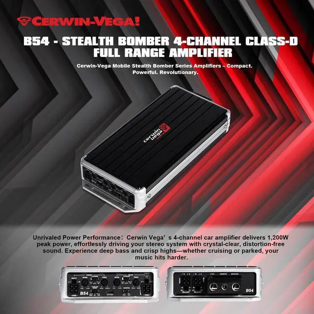 Alt view image 5 of 5 - Cerwin-Vega Mobile B54 Stealth Bomber Mini Class D Amp (B54, 4 Channels, 1,200 Watts)