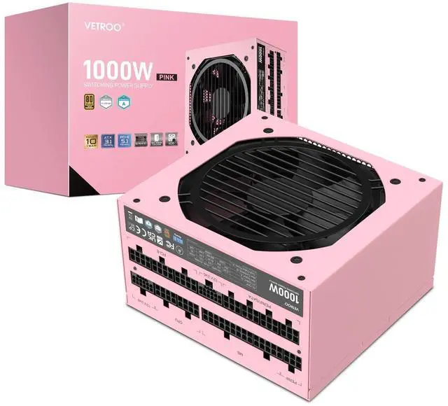 Main image of Vetroo 1000W Pink Power Supply ATX 3.1 Ready Dual PCIe 5.1, 80 Plus Gold Full Modular, Eco Mode with 120mm FDB Fan, Compact Size, 10 Year Warranty for Gaming PC