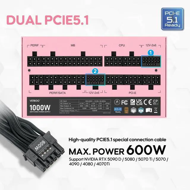 Alt view image 2 of 5 - Vetroo 1000W Pink Power Supply ATX 3.1 Ready Dual PCIe 5.1, 80 Plus Gold Full Modular, Eco Mode with 120mm FDB Fan, Compact Size, 10 Year Warranty for Gaming PC