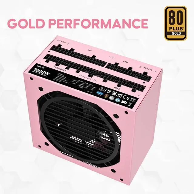 Alt view image 5 of 5 - Vetroo 1000W Pink Power Supply ATX 3.1 Ready Dual PCIe 5.1, 80 Plus Gold Full Modular, Eco Mode with 120mm FDB Fan, Compact Size, 10 Year Warranty for Gaming PC
