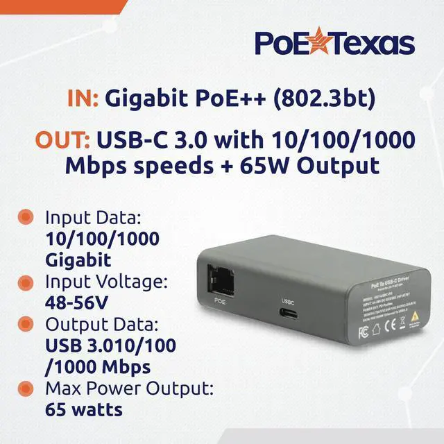 Alt view image 3 of 5 - Gigabit PoE++ to USB-C Converter - IEEE 802.3bt PoE++ to USB-C Power Delivery with 65W Output and Gigabit Data - Power Over Ethernet Active PoE Adapter for MacBook, Chromebook, Laptops, iPad