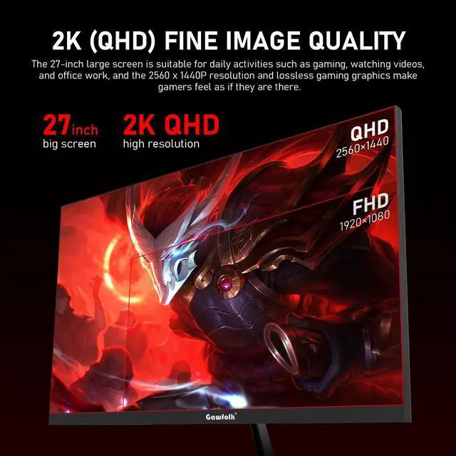 Alt view image 2 of 5 - Gawfolk 27 inch 2K QHD(2560×1440) PC Screen, 165Hz Gaming Monitor, 1ms Without Bezel, FreeSync,98% sRGB, 178° Wide Viewing Angle, HDMI2.0DisplayPort, 75 * 75MM Wall Mount Compatible - Black