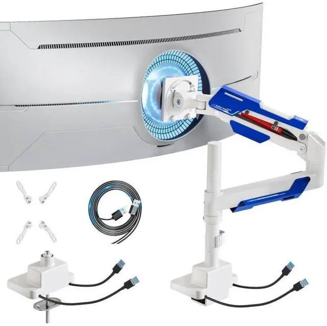 Main image of ARES WING Single Monitor Mount with USB, Ultrawide Monitor Arm for 24 to 57 Inch Heavy Duty Curved Screen, Adjustable Gas Spring Monitors Arm Stand up to 66LBS with 75/100/200 Vesa Mount, White