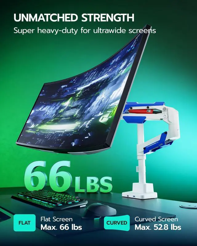 Alt view image 2 of 5 - ARES WING Single Monitor Mount with USB, Ultrawide Monitor Arm for 24 to 57 Inch Heavy Duty Curved Screen, Adjustable Gas Spring Monitors Arm Stand up to 66LBS with 75/100/200 Vesa Mount, White
