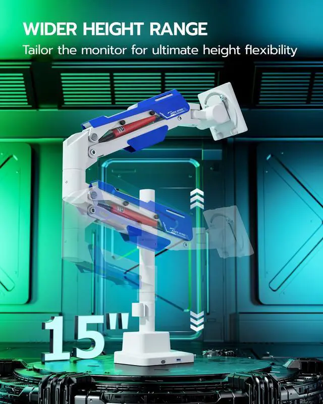 Alt view image 4 of 5 - ARES WING Single Monitor Mount with USB, Ultrawide Monitor Arm for 24 to 57 Inch Heavy Duty Curved Screen, Adjustable Gas Spring Monitors Arm Stand up to 66LBS with 75/100/200 Vesa Mount, White