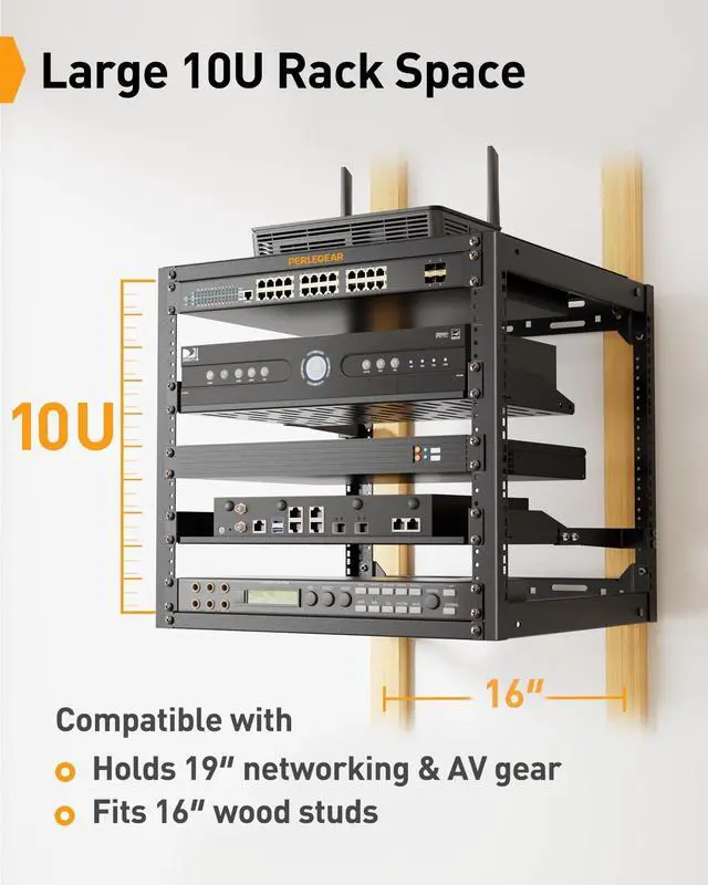 Alt view image 2 of 5 - Perlegear 10U Wall Mount Network Rack for 19 Servers & AV Gear, Heavy-Duty 4 Post Wall Rack Open Frame Design, Wall Mounted Server Rack with 2x1U Vented Shelves for Home & Office, PGSER02B